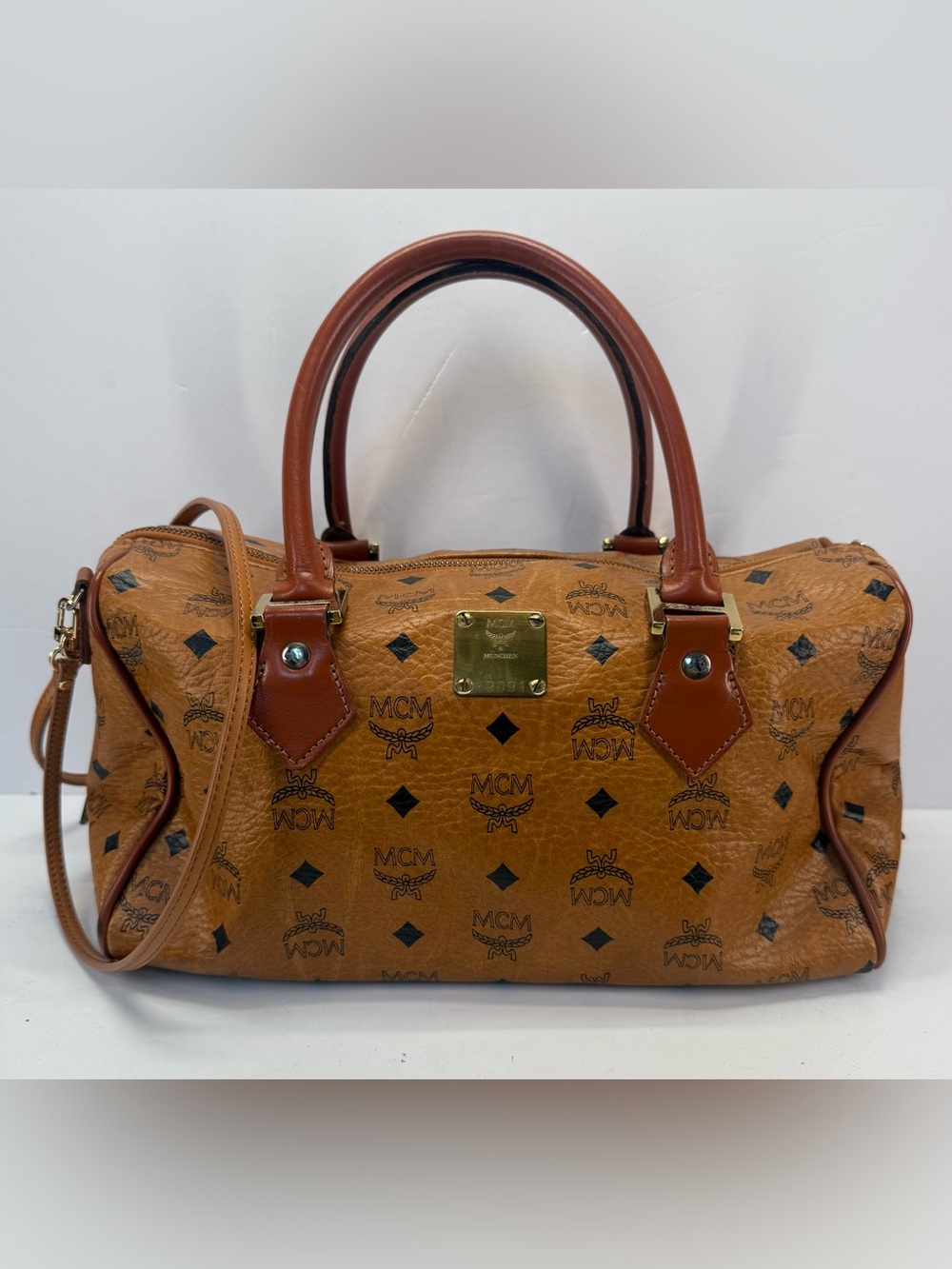 Vintage authentic MCM Visetos 010 Cognac Logo-Print Satchel with Leather Trim